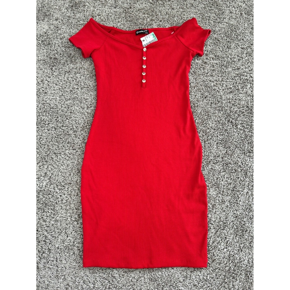Popular 21 Red Ribbed Off-The-Shoulder Button Front Bodycon Mini Dress‎ M DY7194